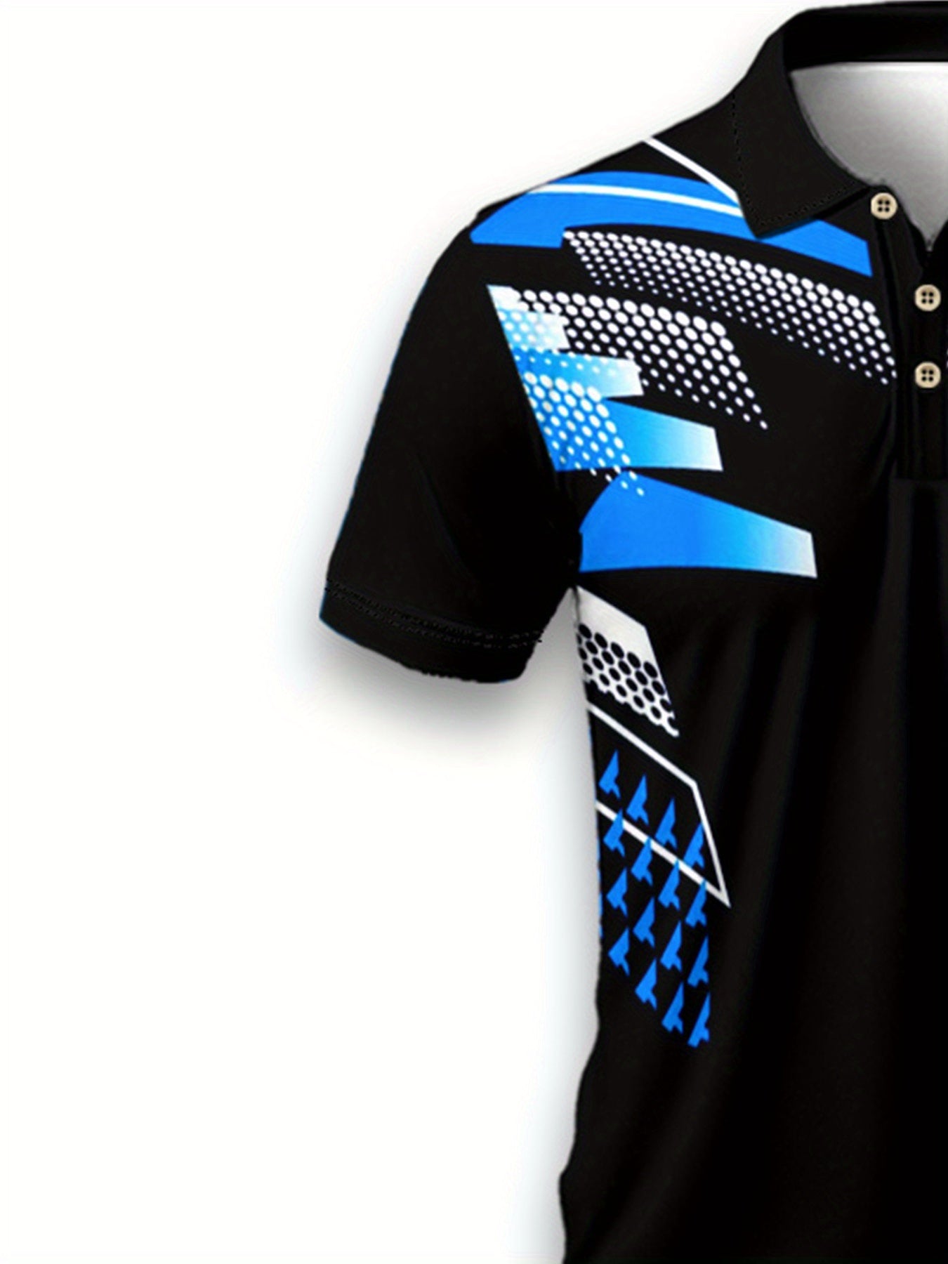 Men's Lightweight Breathable Sporty Motorcycle-Inspired Geometric Print Shirt - 100% Polyester Regular Fit Short Sleeve, Black with Blue Accents for Golf, Tennis, Casual Outings & Daily Wear | Summer Activewear, Tennis Appare