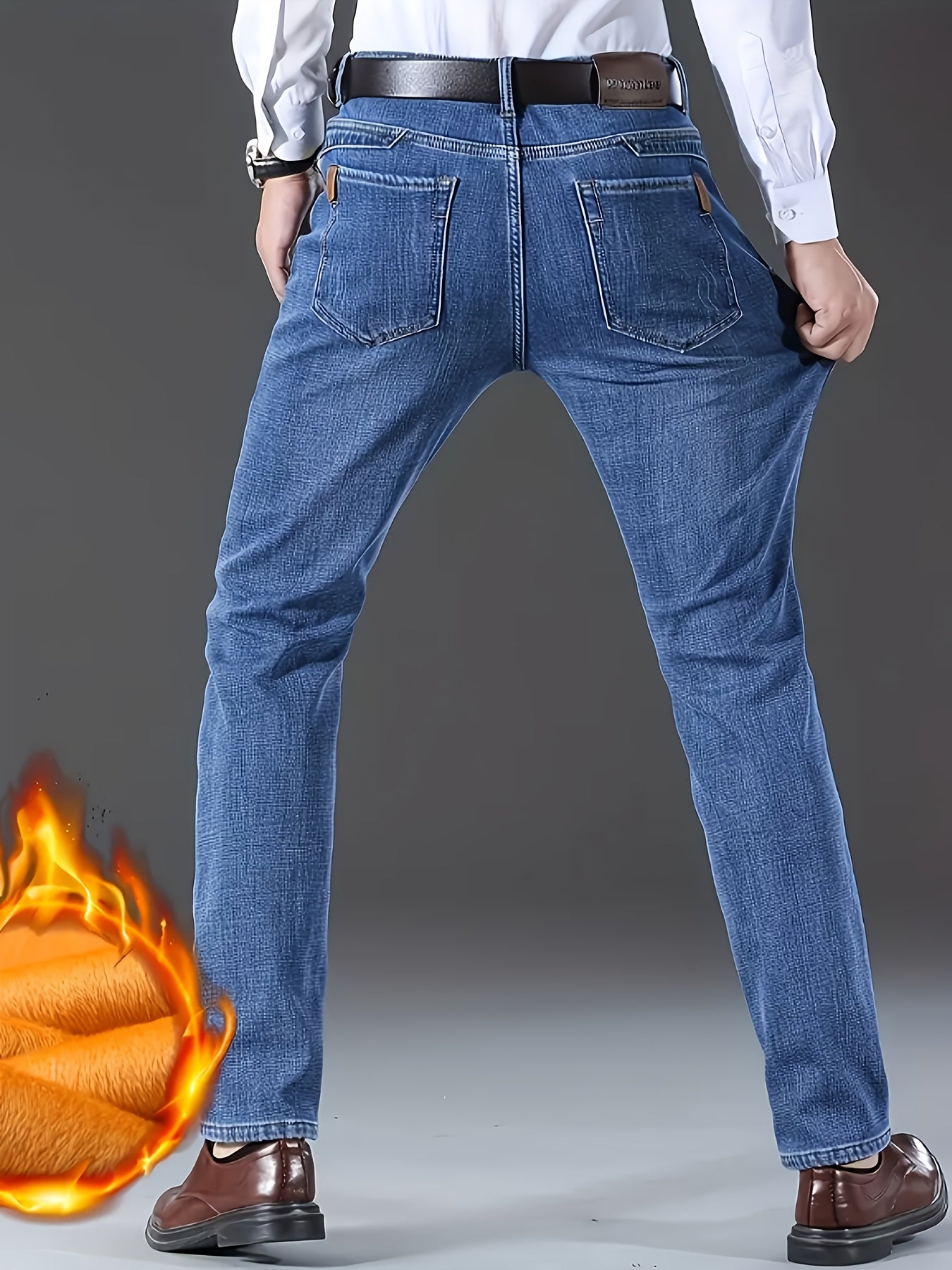 HME Men's Thermal Insulated Fleece-Like Faux Denim - Heavy-Duty Winter Pants with YKK Zipper Closure, Mid-Rise Straight-Leg Fit, Windproof & Cold-Resistant Faux Denim Trousers for Business Casual & Casual Attire, Classic Blue
