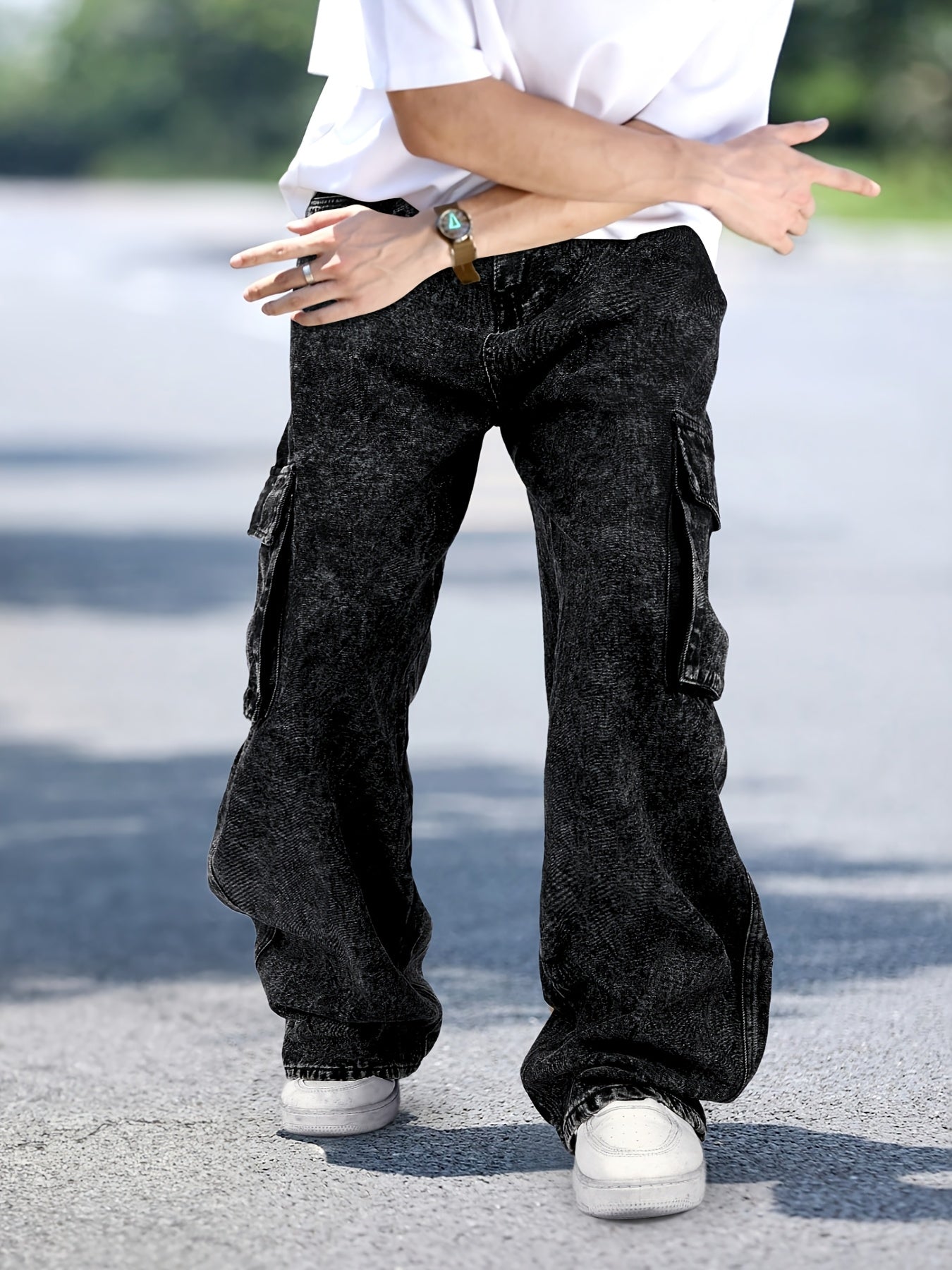 Men's Trendy Street Fashion Big Pocket Black Workwear Jeans
