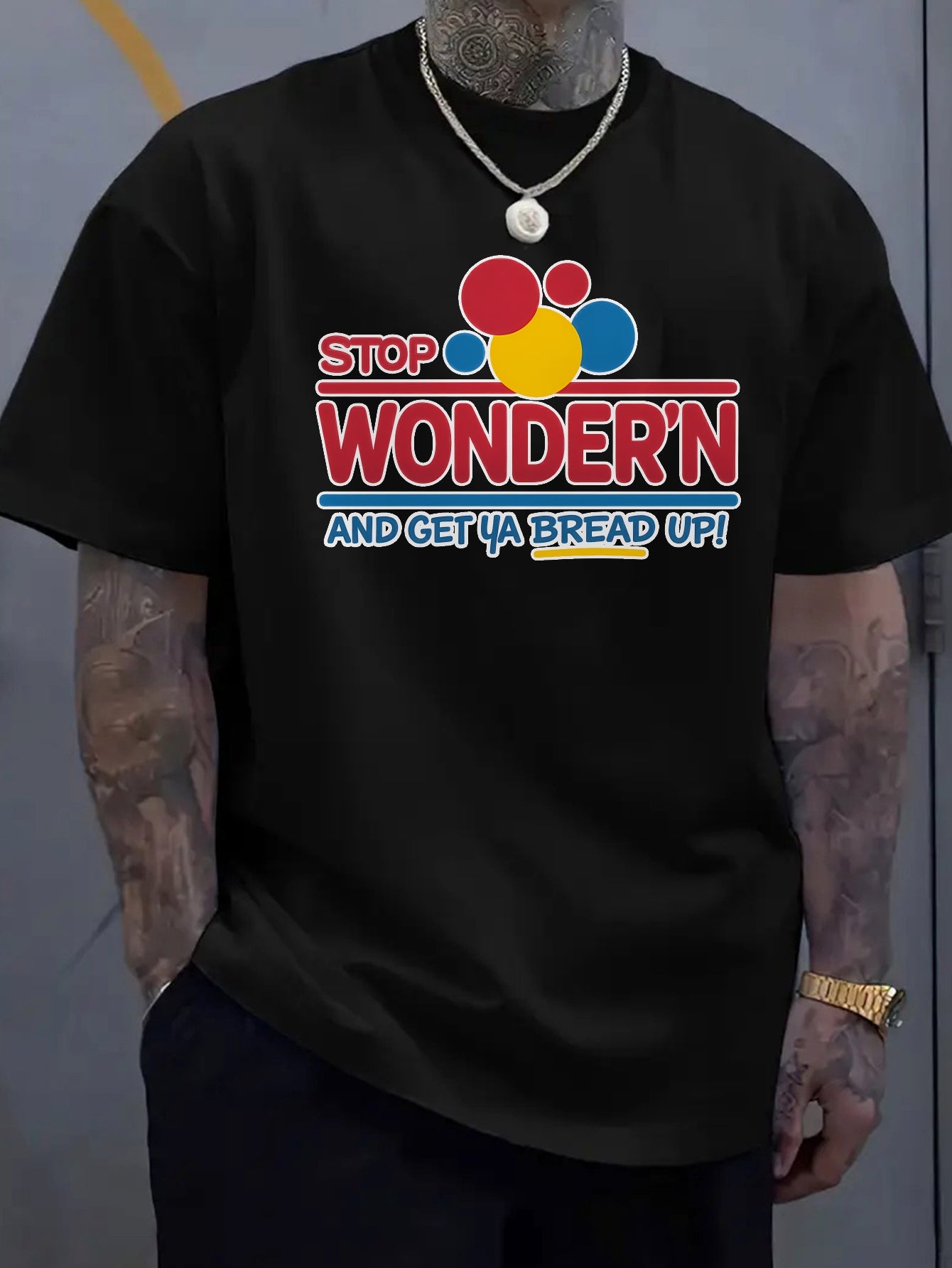 Men's Soft Cotton T-Shirt with "Stop Wondering and Get a Bread Up!" Graphic Print - Casual Loose Fit, Short Sleeve, Round Neck, Breathable & Comfortable for Casual Attire, Gym, or Summer Activities, Gym Shirts