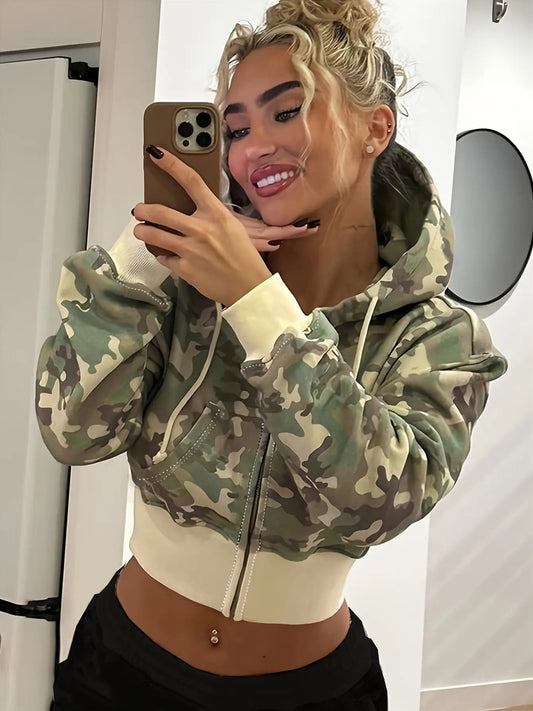 Women'S Y2K Style Camouflage Hooded Jacket - Lightweight Polyester 95% Elastic 5% Fabric, Zipper Pockets, Adjustable Drawstring Hood, Casual Spring & Autumn Outerwear for Casual Attire, Spring Jacket | Y2K Fashion | Polyester