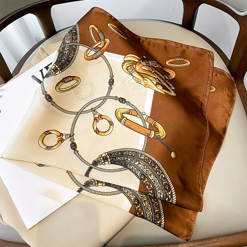 [Sun-Protective Scarf] Women's Elegant Luxury Scarf - 27.5" Large Square Handkerchief with Golden-Tone Metallic Accent, Soft Pastel, & BrownGolden - Breathable, Sun-Protective Fashion Accessory for Casual Outings & Formal Eve