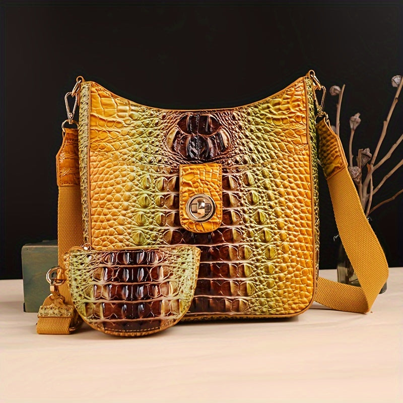 Elegant women's cross-body bag, fashionable color crocodile pattern cross-body bag, wide shoulder strap removable two-piece women's bag, safety zipper bag with coin purse