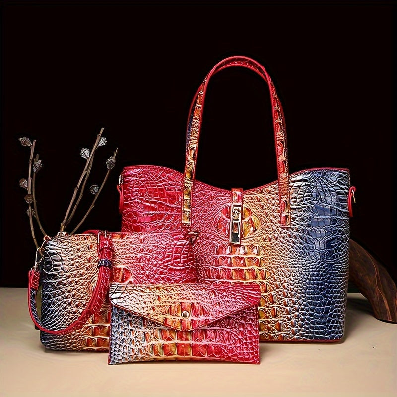 3pcs Set: Colorful Crocodile Pattern Large Capacity Faux Leather Tote & Crossbody Bags With Matching Wallet Combo, Christmas, Mother'S Day Gifts, Halloween Gifts