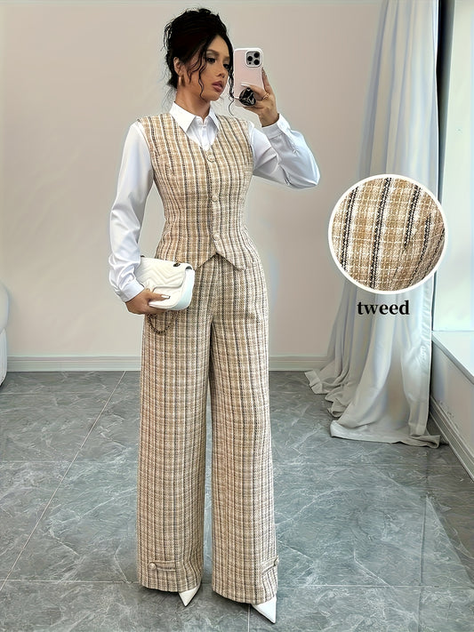 2025 New Elegant Vacation Style Collection: Elegant Women's Printed Vest And Pants Two-piece Set A Fashionable Autumn Office Outfit. It Features Button Details, And An Elegant Style (shirt Not Included, for Matching Display O