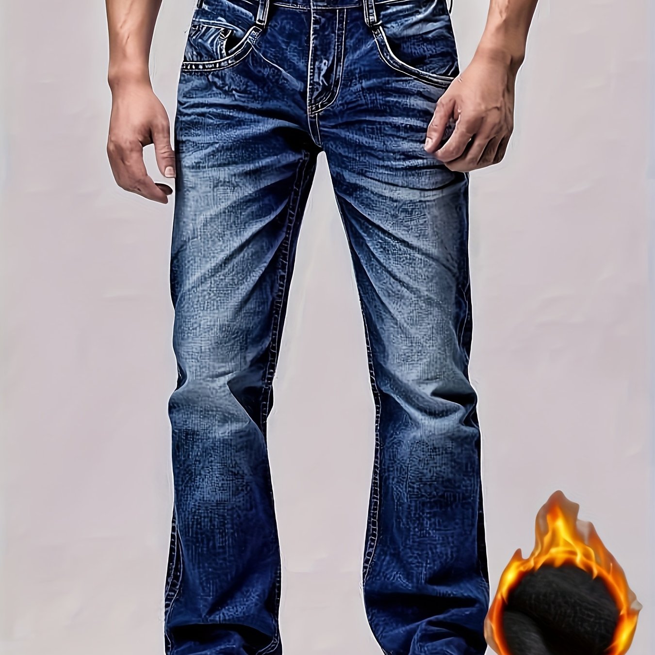 HME Men's Heavy-Duty Winter Jeans - Thickened Insulated Fleece-Lined Mid-Stretch Straight-Leg Light Wash Blue Distressed Denim Pants with Beltless Design & Zipper Closure, Machine Washable Cold-Resistant Casual Work Pants for