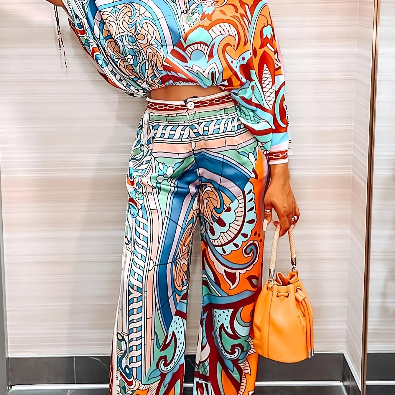 Women'S Abstract Print Wide Leg Pants - Non-See-Through Batwing Trousers with Button Closure, Fall/Winter Pants in Blue/Orange/Teal/Black/White/Gray/, Office & Party Outfits for Everyday Formal Events, Winter Clothing, Comfor