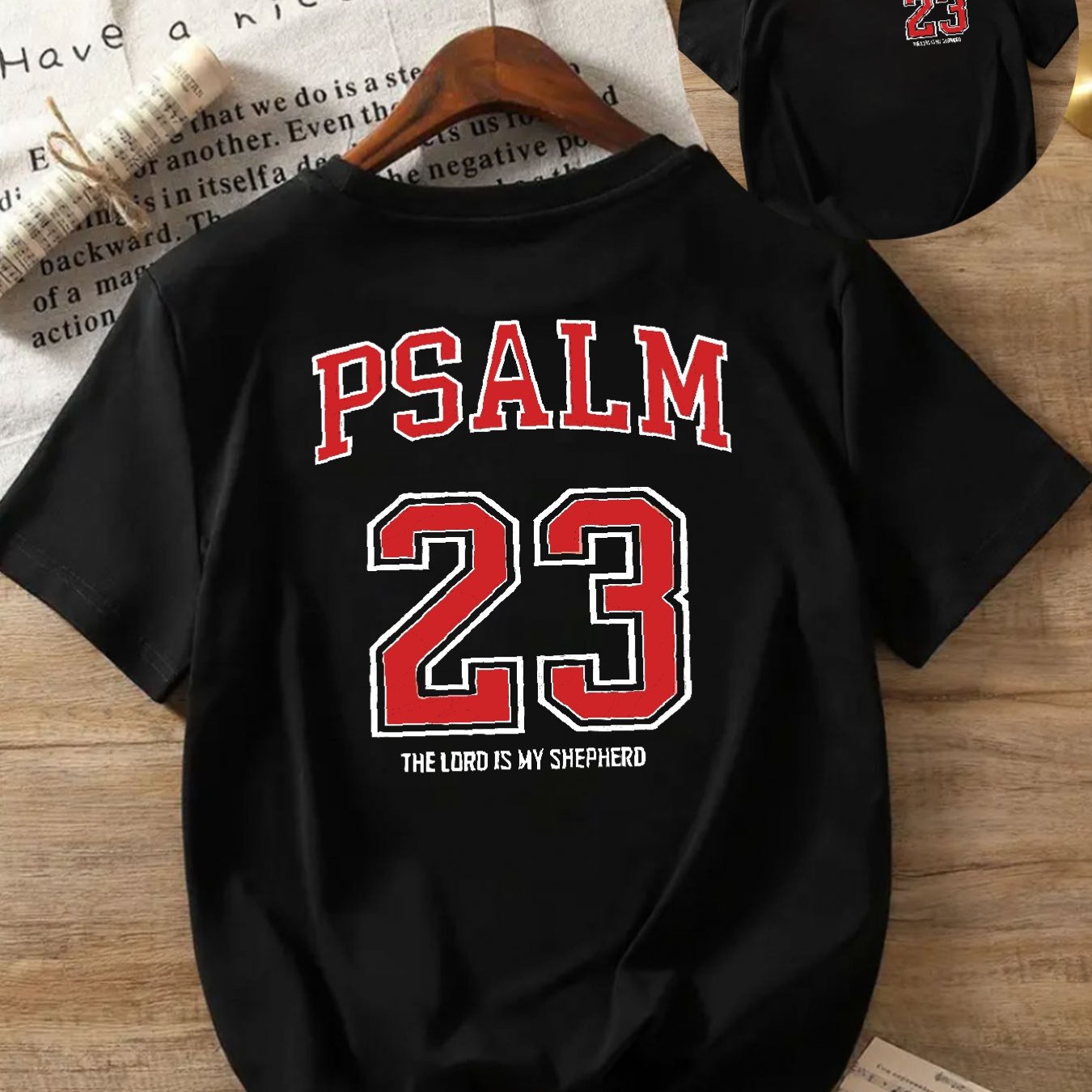 Black with Red Lettering Psalm 23:5 Print Women's Casual T-Shirt - Comfortable Crew Neck, Short Sleeve, Classic Summer Top for Casual Attire, Faith Inspired Apparel | Durable Casual wear, Ladies T Shirts
