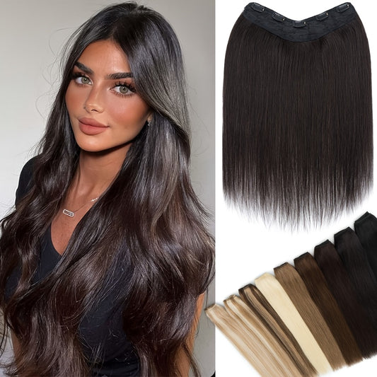 16-Inch Long Human Hair Clip In Extensions - Full Head V-Shaped Weft with 5 Clips, Natural Brown/Black/Blonde/Dark Brown/ Brown/Dirty Blonde/Chestnut Brown/Red Brown/White/Gray/ Auburn - Straight Hair Extension for Women, Bal