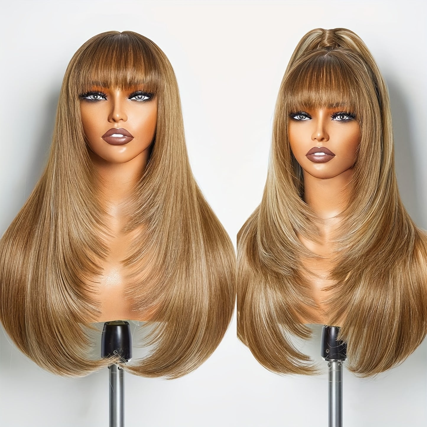 Long Straight Layered Wig with Bangs Glueless Natural Black Synthetic Bangs Wig 26 Inch Put On and Go Wigs High Temperature Fiber Pixie Cut Layered Wig for Women Daily Use