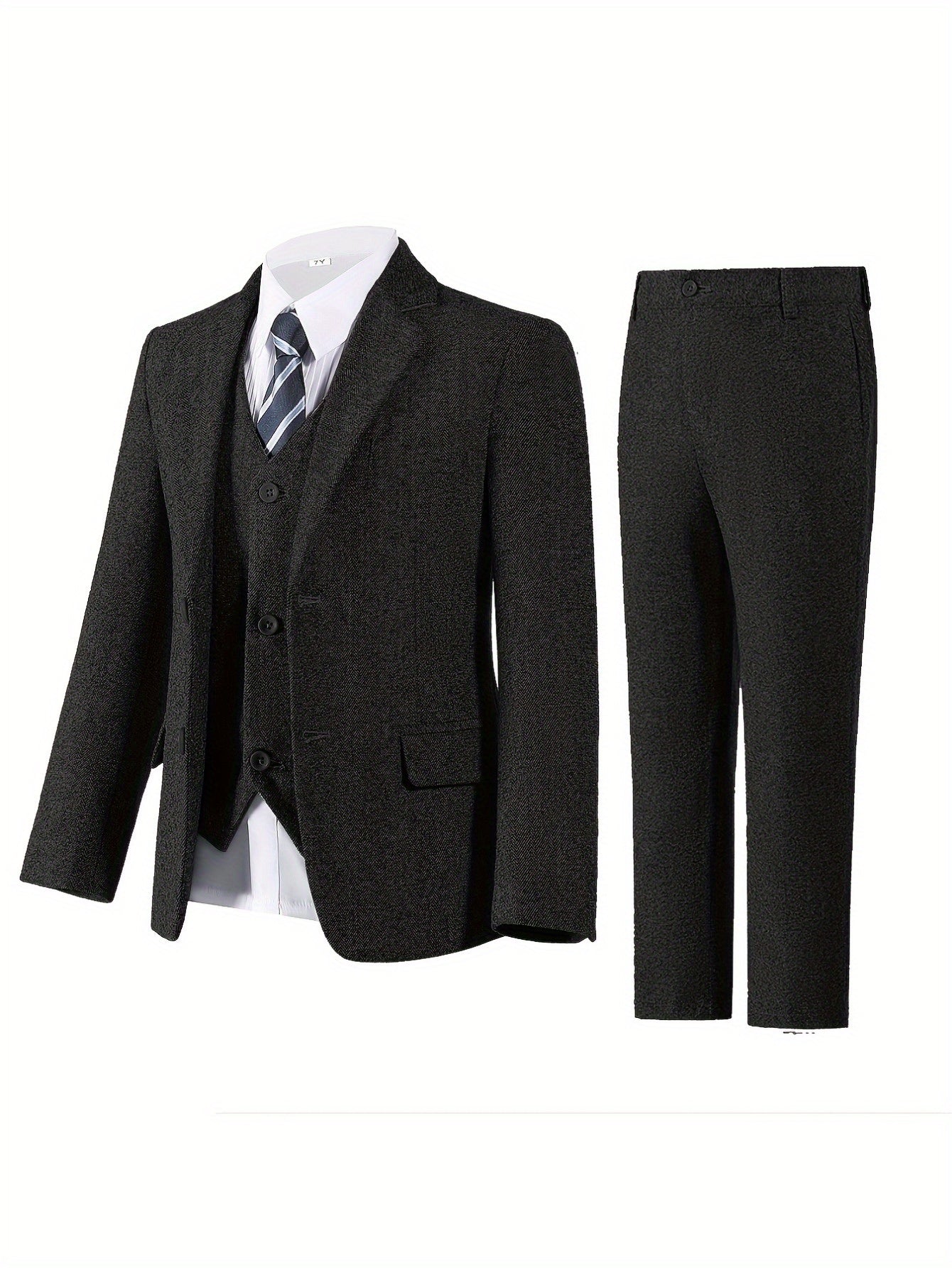 Boys' 3pcs Slim Fit Tuxedo-Style Suit Set Herringbone Jacket Vest Dress Pants Formal Wedding Attire with Ring Bearer Gloves