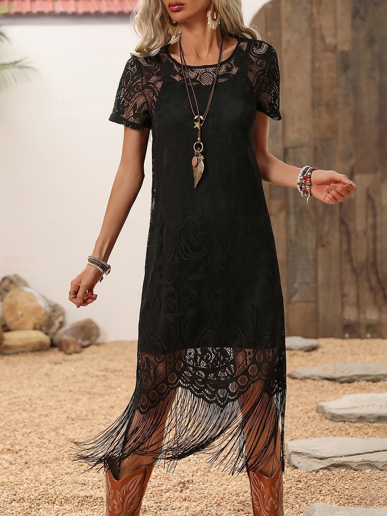 [Black Lace Summer Dress] Black Lace Summer Dress for Western Women / Country Dress, Spring Two-Piece Set