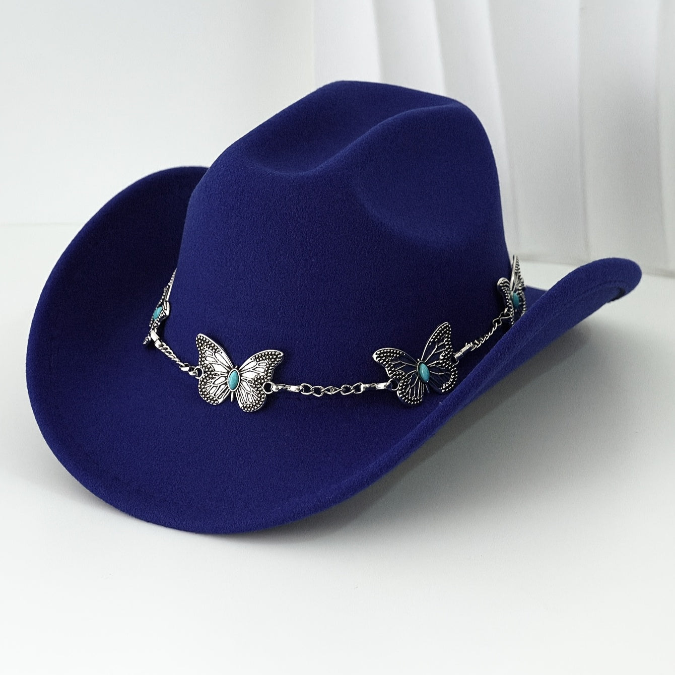 [Western Cowgirl Hat] 1pc Western Cowgirl Hat | Lightweight, Polyester, Woven, Fedora Style with Silvery Metal Butterfly, Ideal for Western Themed Events & Grassland Music Festivals