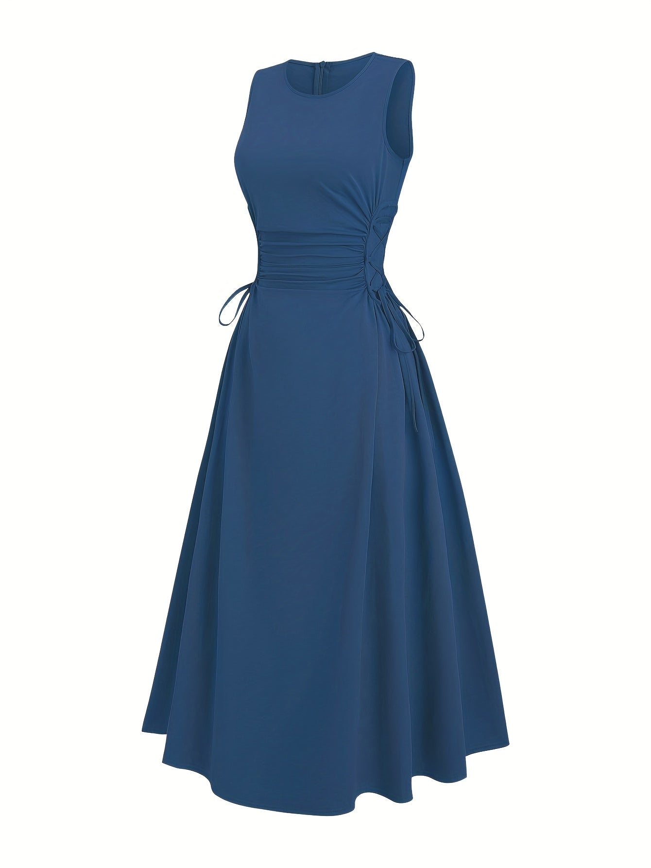 Halloween Elegant Navy Blue A-Line Dress for Women - Sleeveless, Cinched Waist with Tie Detail, Ruffled Hem, Perfect for Spring/Summer/Fall, Casual Elegant Wear | Sleeveless Dress | Cinched Waist Design