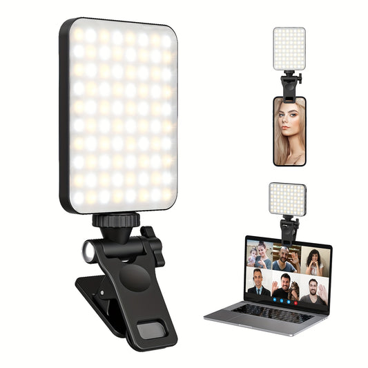 RadiantGlow Rechargeable Selfie Light - Enhanced Clip-On Fill Light for Phone, Laptop & Tablet - Adjustable Brightness for Video Conferences, Live Streaming, Zoom Calls, Makeup & Photos - Stylish Black Portable Light for Perf