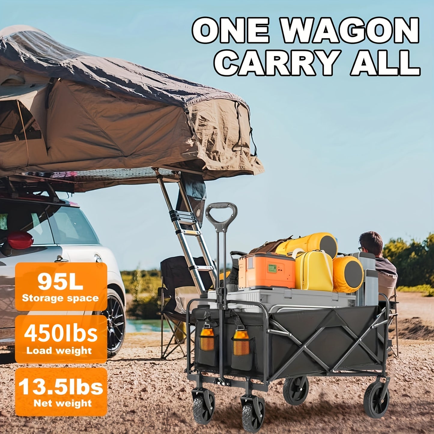 1pc 30" Heavy-Duty Collapsible Shopping Cart with All-Terrain Wheels - Foldable Utility Wagon for Beach, RV Storage, Sports, and Camping, Black Mesh & Durable Fabric Construction, Beach Wagon Cart