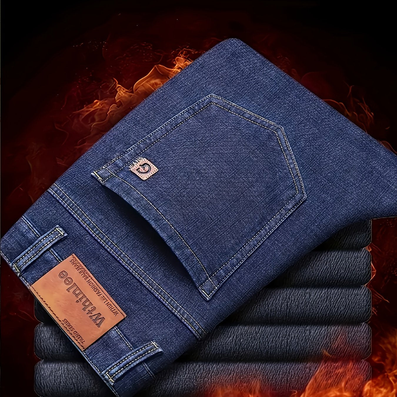 HME Men's Thermal Insulated Fleece-Like Faux Denim - Heavy-Duty Winter Pants with YKK Zipper Closure, Mid-Rise Straight-Leg Fit, Windproof & Cold-Resistant Faux Denim Trousers for Business Casual & Casual Attire, Classic Blue