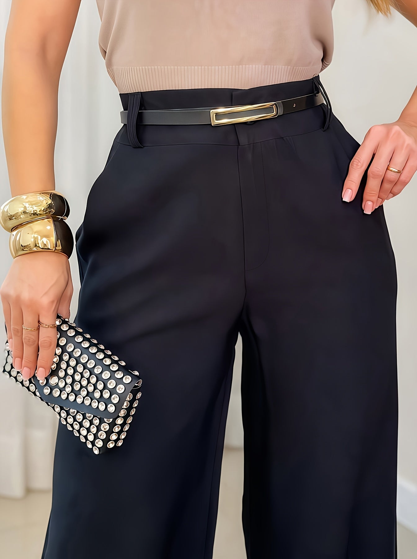 Women's Elegant Wide-Leg Pants with Belt - Solid Color High-Waisted Flared Trousers, All-Season Comfort, Pockets & Checked Pattern, Perfect for Casual or Commuting Outfits, Versatile Fashion | Checked Pattern Trousers | Comfo