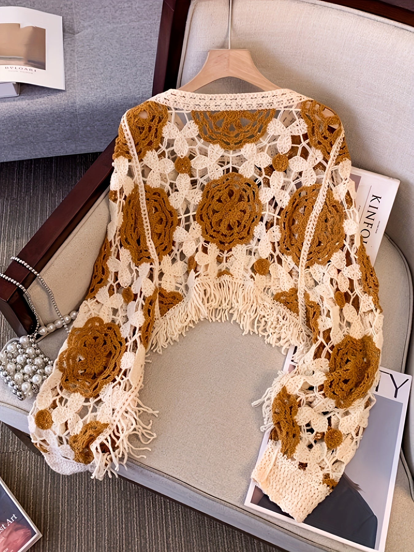 Boho Chic Cardigan Handmade Bohemian Crochet Cardigan Sweater for Women - Long Sleeve Semi-Sheer Cover-up with Ethnic Geometric Pattern in Beige/Brown, Loose Fit for Beach, Parties, Everyday - Boho Chic, Lace-like Layering