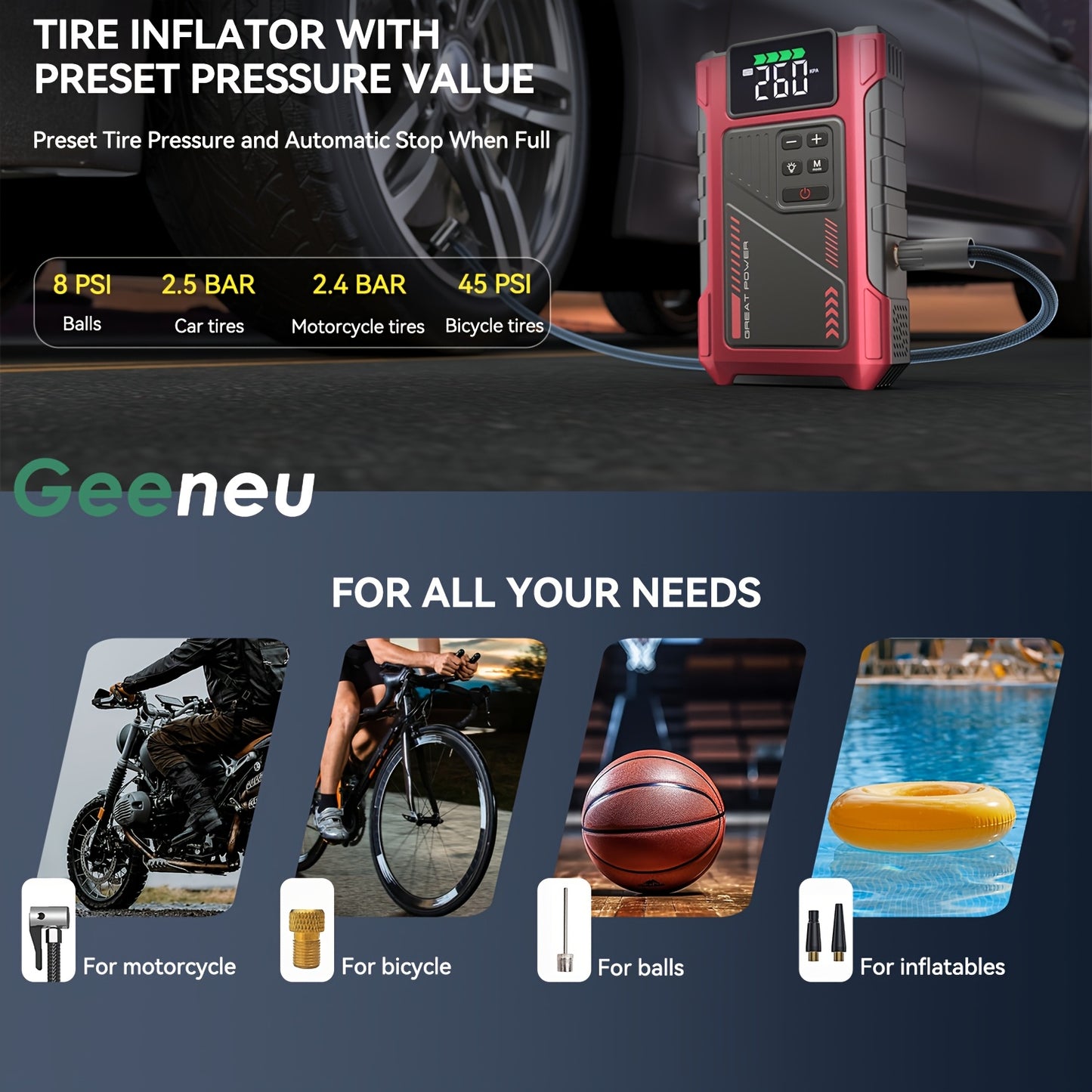 Portable Car Air Compressor & Jump Starter with LED Emergency Light, 3000A Peak Power, 12V for Gas/Diesel Engines, USB Input/Output, Digital Tire Inflator, Red, Insulated Material, Fast Charging, Car Accessories Tools, Vehicl