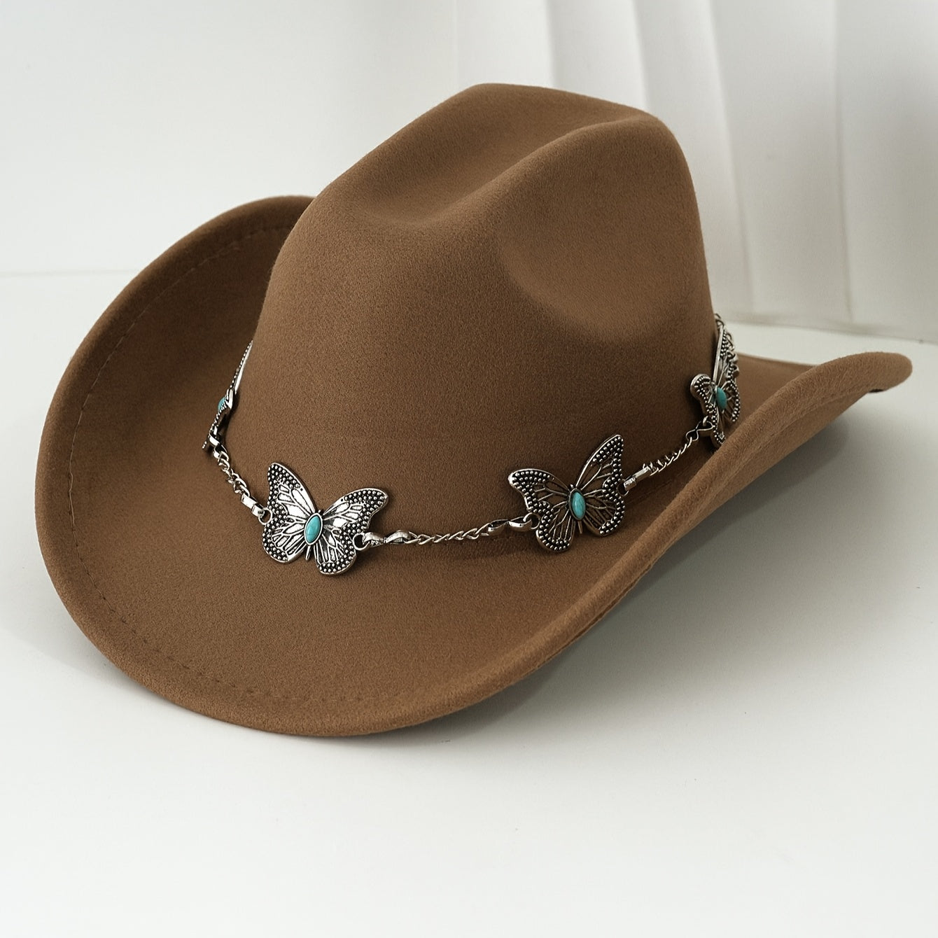 [Western Cowgirl Hat] 1pc Western Cowgirl Hat | Lightweight, Polyester, Woven, Fedora Style with Silvery Metal Butterfly, Ideal for Western Themed Events & Grassland Music Festivals