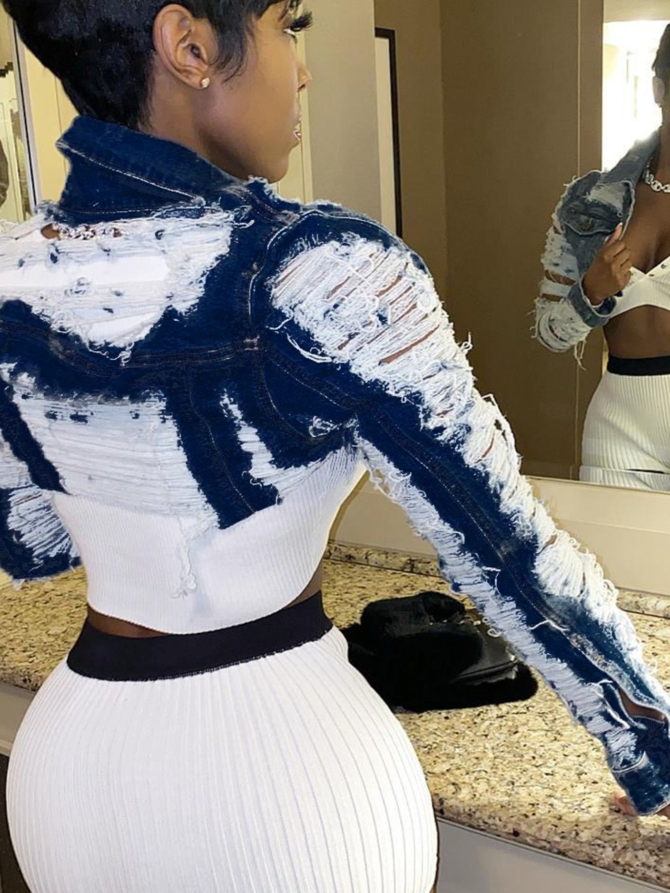 's Sexy Short Denim Jacket - Collar & Single-Breasted Mini Coat with Belt-like Waist, Short Length (Below Hip) - Machine Washable Winter Cardigan for Casual & Formal Outfits - Elegant Denim Outerwear