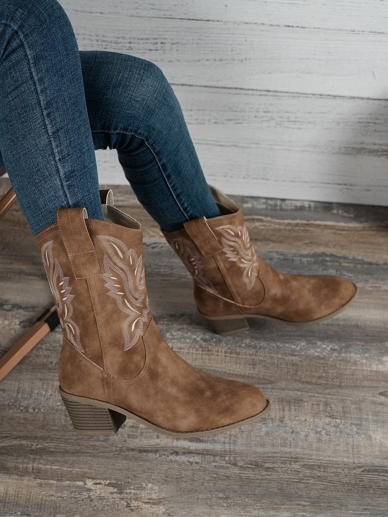 MagiMoBo Women's Western Slip-On Mid-Calf Boots - Pointed Toe Chunky Heel with Floral Embroidery, Synthetic Cover & Rubber Sole, All-Season Casual Boots for Jeans & Dresses, Stylish Footwear, Embellished Footwear, Detailed Em