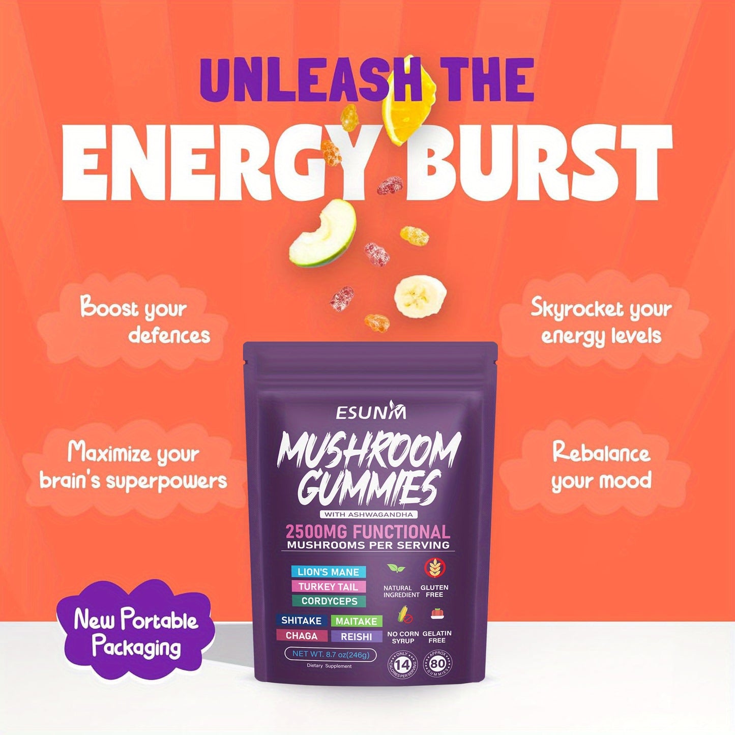 1/2/3/4 Bags Ashwagandha And Lions Mane Mushroom Gummies - Includes Reishi, Cordyceps, Turkey Tail, Maitake, Shiitake, And Chaga, Low Carb, 80 Gummies Per Bag