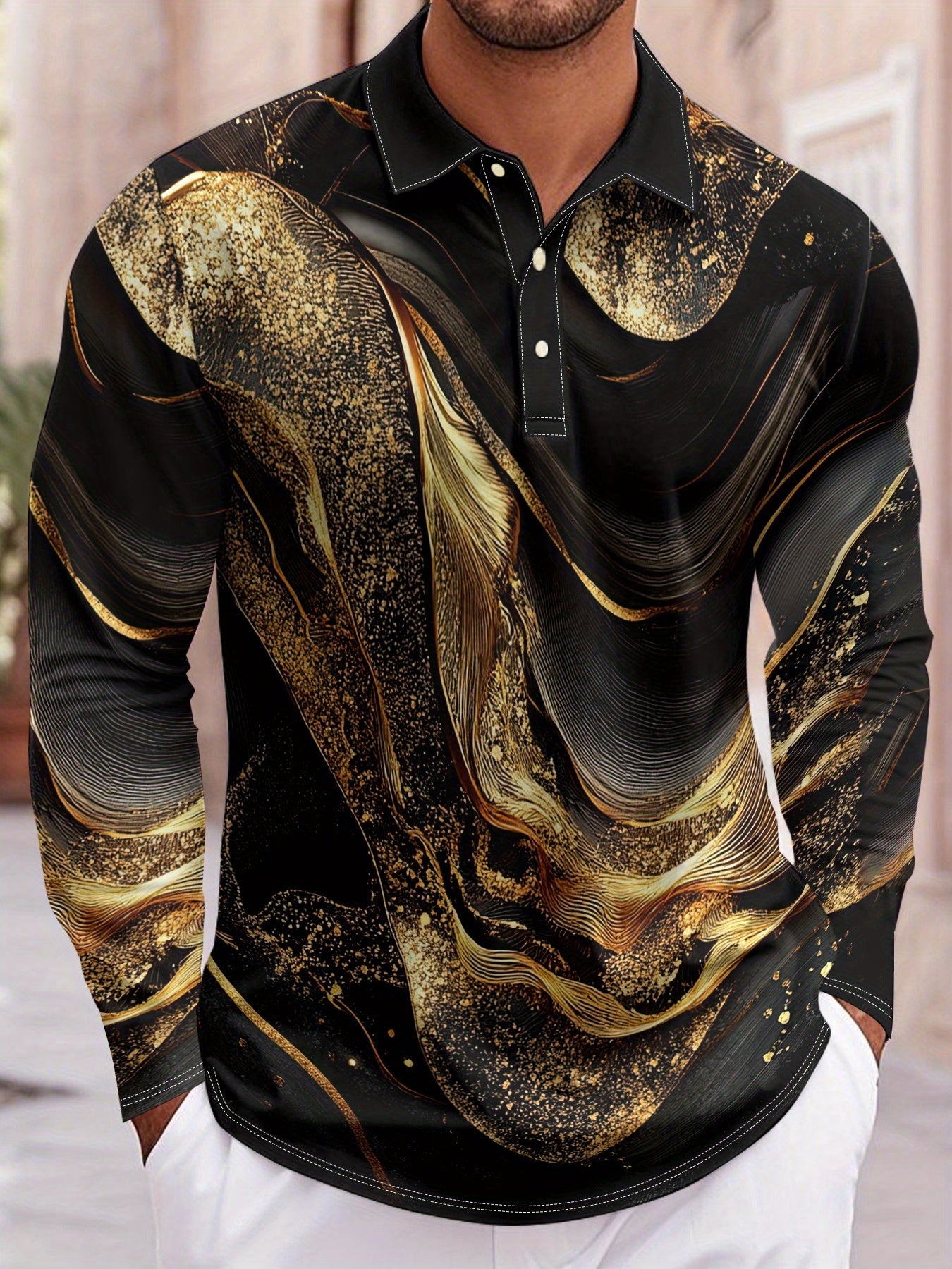 Men'S Elegant Marble Pattern Shirt - Lightweight Breathable Long Sleeve Formal & Casual Shirt, Black & Golden Swirls, Regular Fit for Office, Parties, Golf - All-Season Business & Everyday Attire for Men & Teens, Marble Print