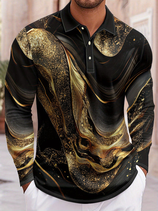 Men'S Elegant Marble Pattern Shirt - Lightweight Breathable Long Sleeve Formal & Casual Shirt, Black & Golden Swirls, Regular Fit for Office, Parties, Golf - All-Season Business & Everyday Attire for Men & Teens, Marble Print