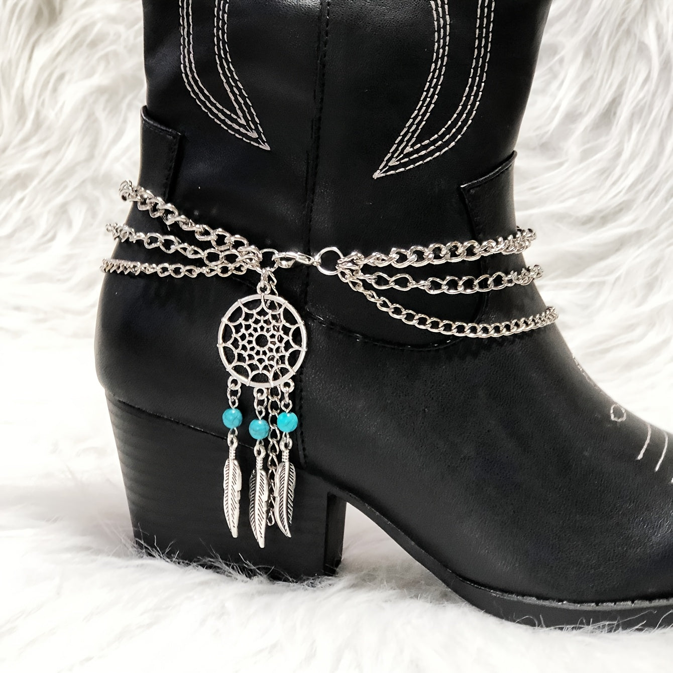 [Bohemian Shoe Decor] Bohemian Green Agate Blue Beads Feather Tassel Shoe Decor | Iron Material, with Wing Details, for DIY Boot Accessories, Perfect for Valentine's Day, Mardi Gras Day, Christmas, Western Cowboy Boots