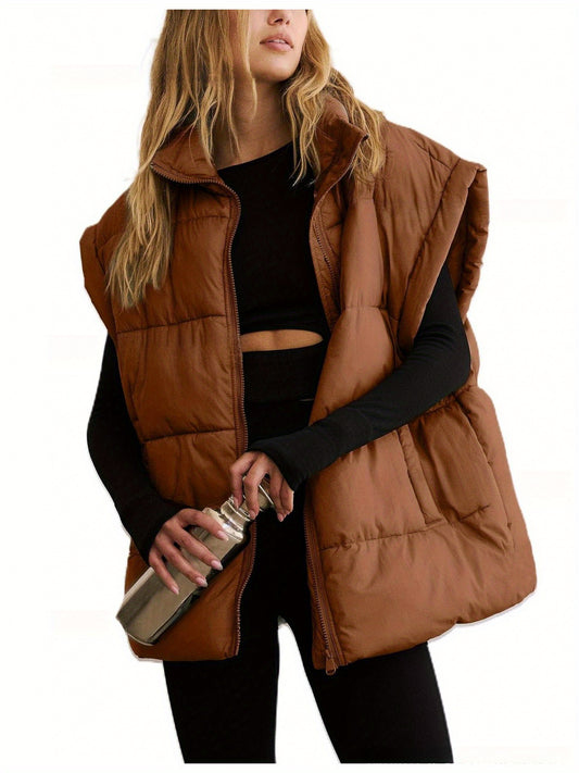 Autumn Winter Women's Fashion Loose Sleeveless Zipper Solid Color Vest Women's Clothing