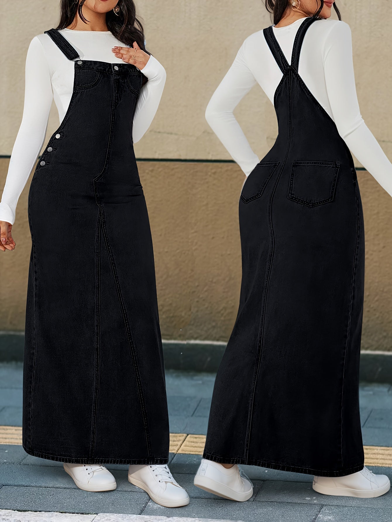 Durable Denim Dress - Women's Non-Stretch Loose Fit Long Skirt with Detachable Strap, Multiple Buttons for Easy Closure, Everyday to Formal Outfits - Casual Chic Outwear, Versatile Outfit Option