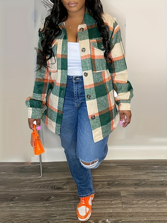 Women's Green & Orange Plaid Jacket - Non-Stretch Machine Washable Blazer, Elegant Button Front & Neckline, All-Season Casual to Formal Outerwear for Everyday & Special Events, Nonstretch Fabric