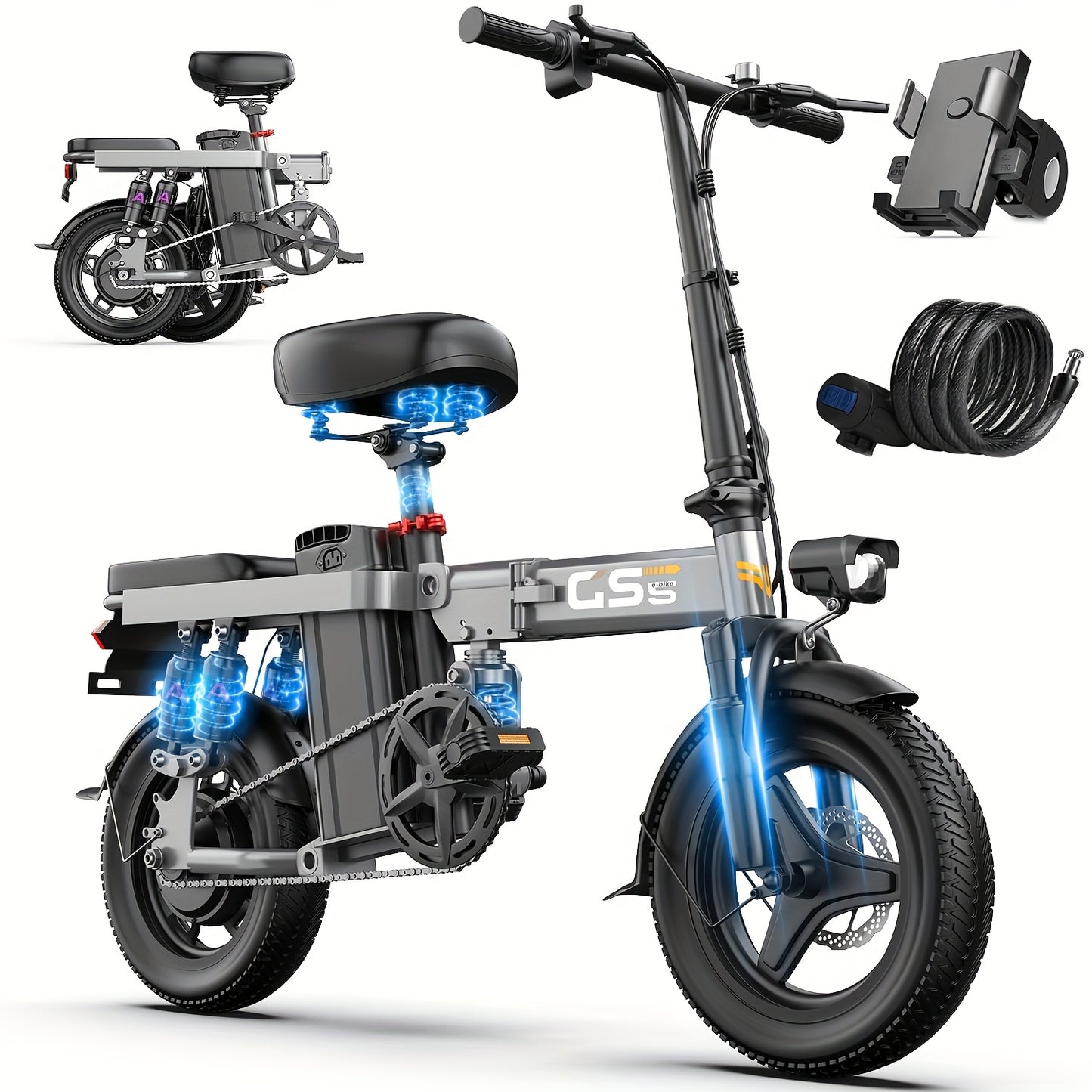 700W Peak Motor Electric Bike for Adults, 20MPH, 48V15Ah, 32-Mile Range, Folding Design with 14" Tubeless Off-Road Tires, Multiple Shock Absorbers, Black, Unisex, Perfect for Daily Commuting and City Use