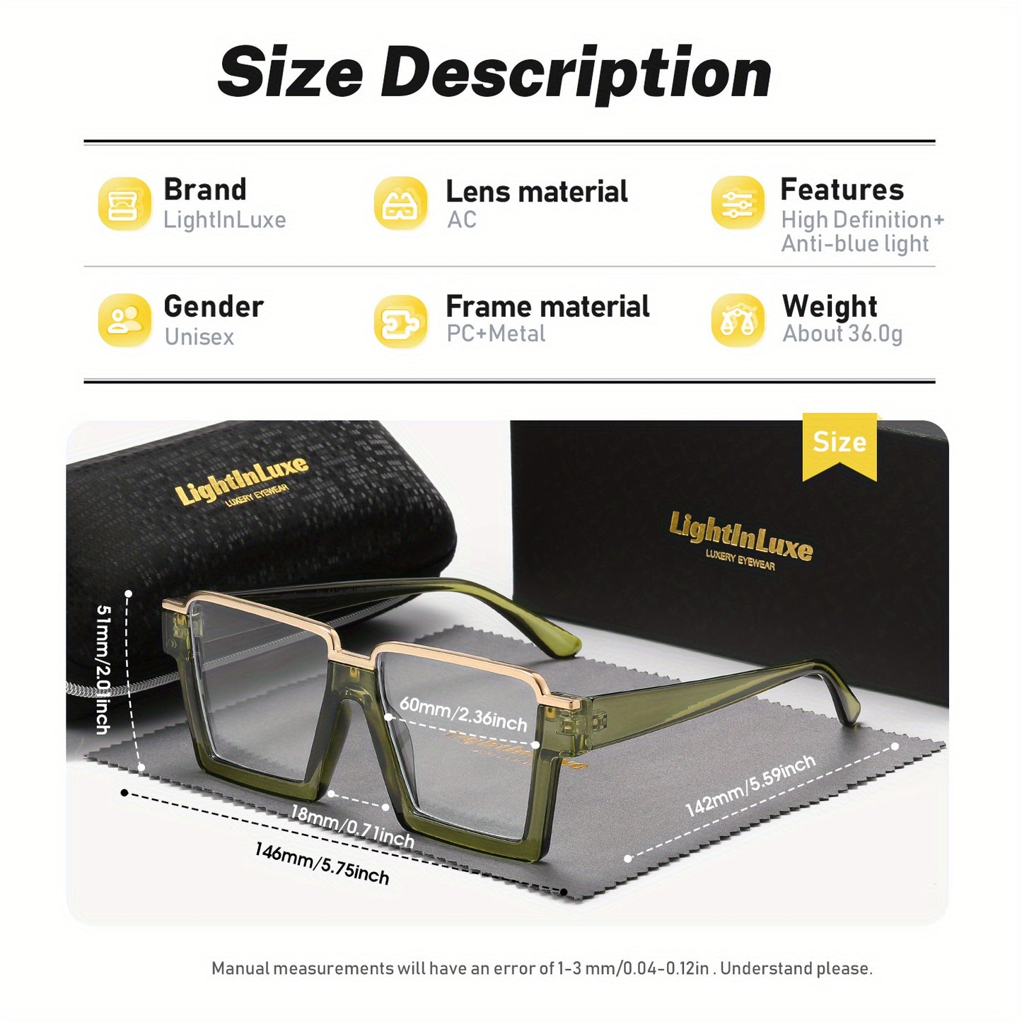 LightInLuxe Unisex Fashion Semi-Rimless Clear Glasses - Outdoor Leisure Anti-Blue Light Square Clear Glasses with Golden Accents, Casual Style, Anti-Glare Lenses, Comfortable Fit, Outdoor Glasses|SemiRimless Glasses|Durable G