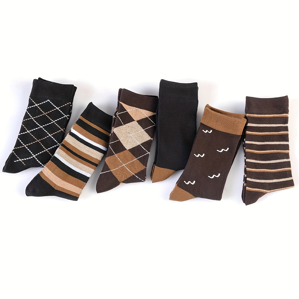 [Retro British Style Socks] 6 Pairs of Men's High-Top Diamond-Shaped Jacquard Embroidery Business Socks | Autumn & Winter, Sweat-Absorbing, Mid-Tube, Retro British Style, White-Collar, Short Boots, Sweat-Resistant