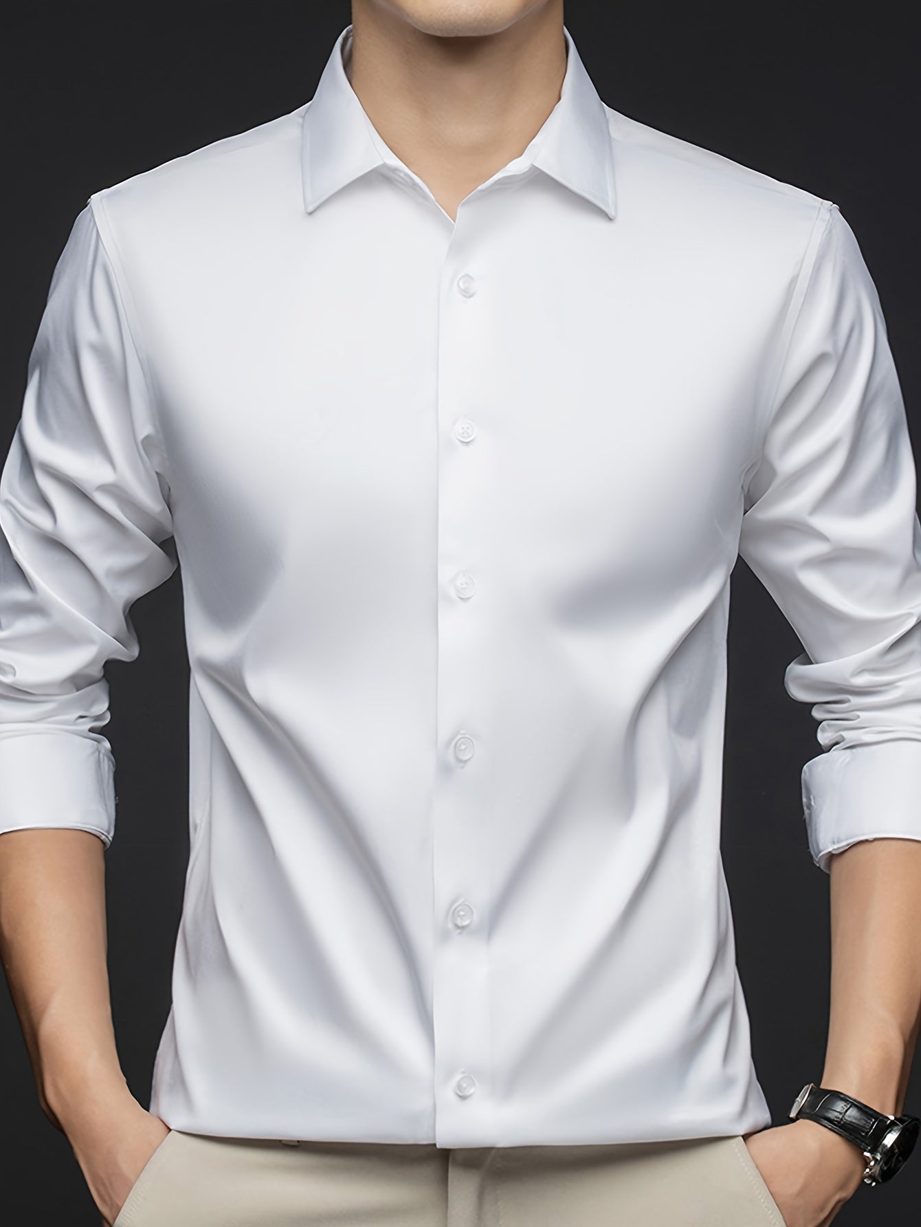 Men's Wrinkle-Resistant Lightweight Long Sleeve Dress Shirt - Solid Color Button-Up with Chest Pockets, Non-Stretch Fabric, Classic Collar Design for Casual & Formal Wear, Spring/Fall Essential, Durable & Easy Care, Autumn Ap