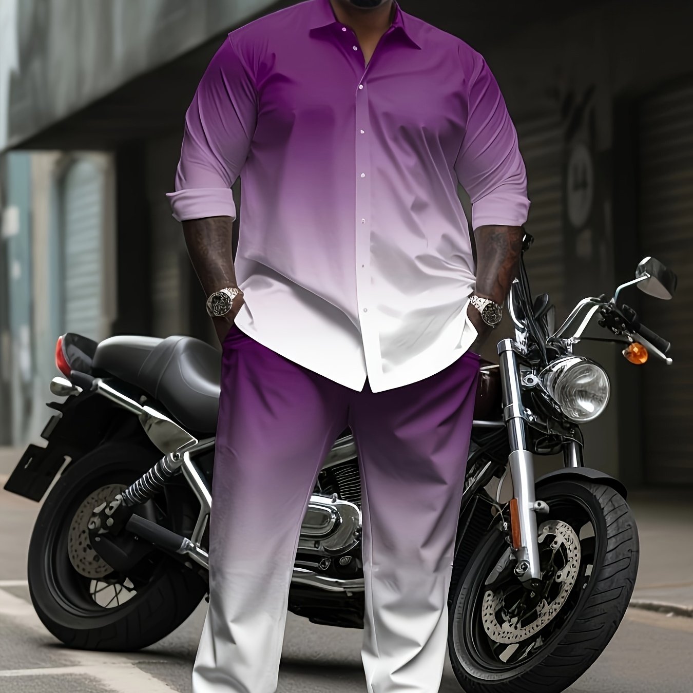 [Plus Size Suit Set] Men's Plus Size Suit - Stretch Long Sleeve Button-Up Shirt & Pants Set | Retro Geometric Check Pattern, V-Neck Lapel Design, Loose Fit for Casual & Formal Wear, Plus Size Blazers