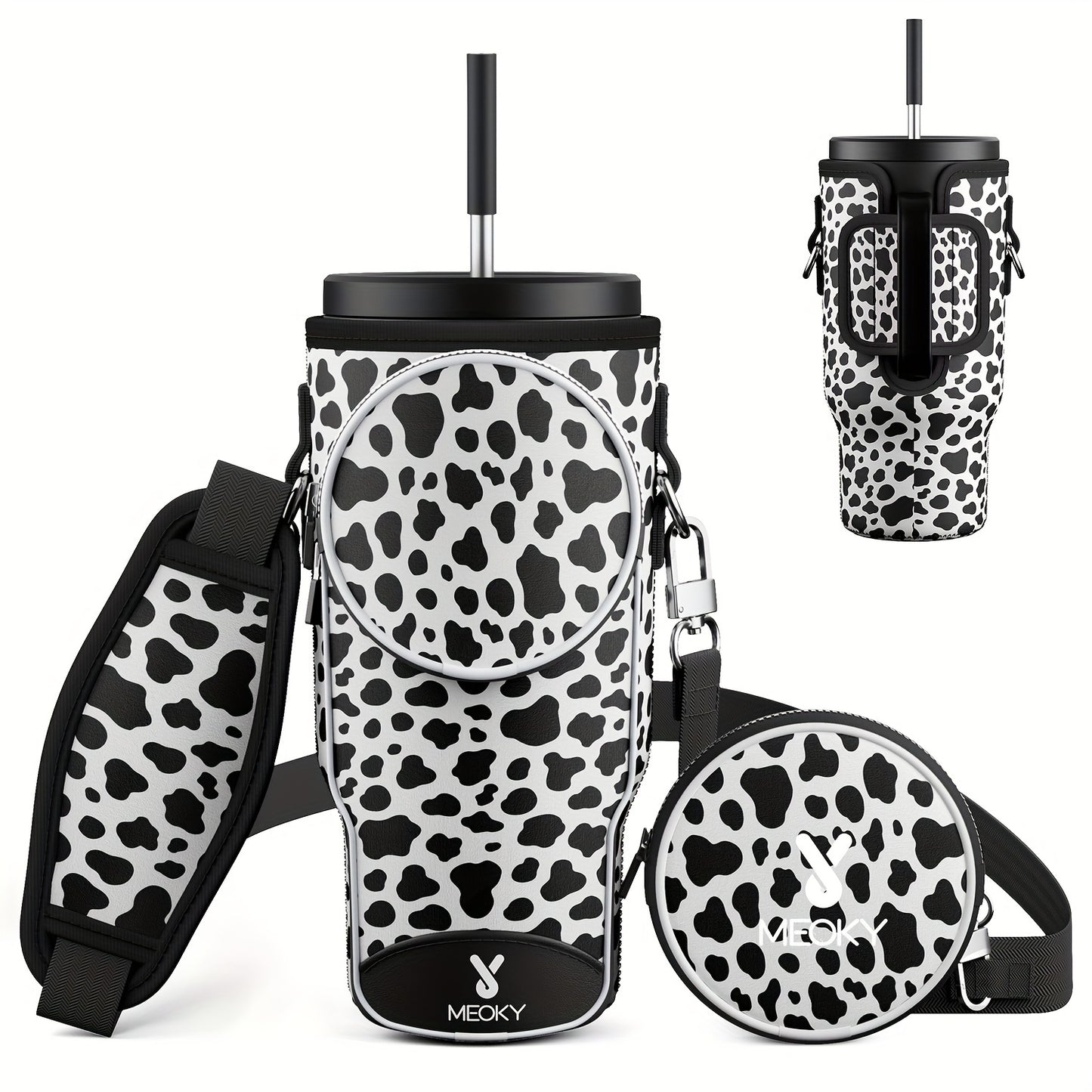 Meoky Water Bottle Carrier Bag With Phone Pocket For 40 Oz Tumbler With Handle, Neoprene Water Bottle Holder Pouch With Adjustable Strap, 2 Carabiner Clips