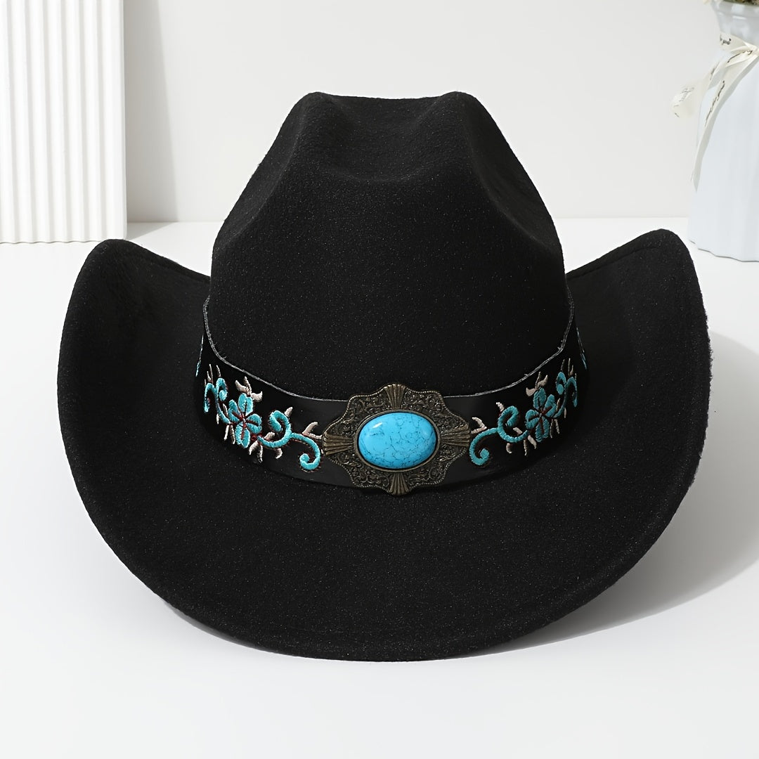 Lady's Elegant Felt Cowboy Hat with Turquoise Stone and Embroidered Belt - Perfect for Dance Parties, Graduations, and Festive Occasions