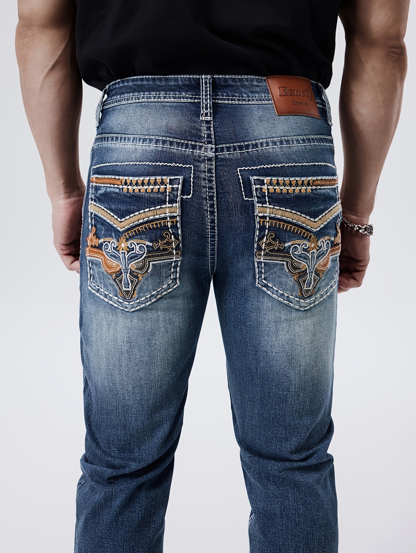 Men'S ESDVQ Embroidered Denim Jeans - Stretchy, All-Season, Casual Straight Leg Jeans With Brown Boots, Casual Attire | Embroidered Jeans | Casual Fit Jeans