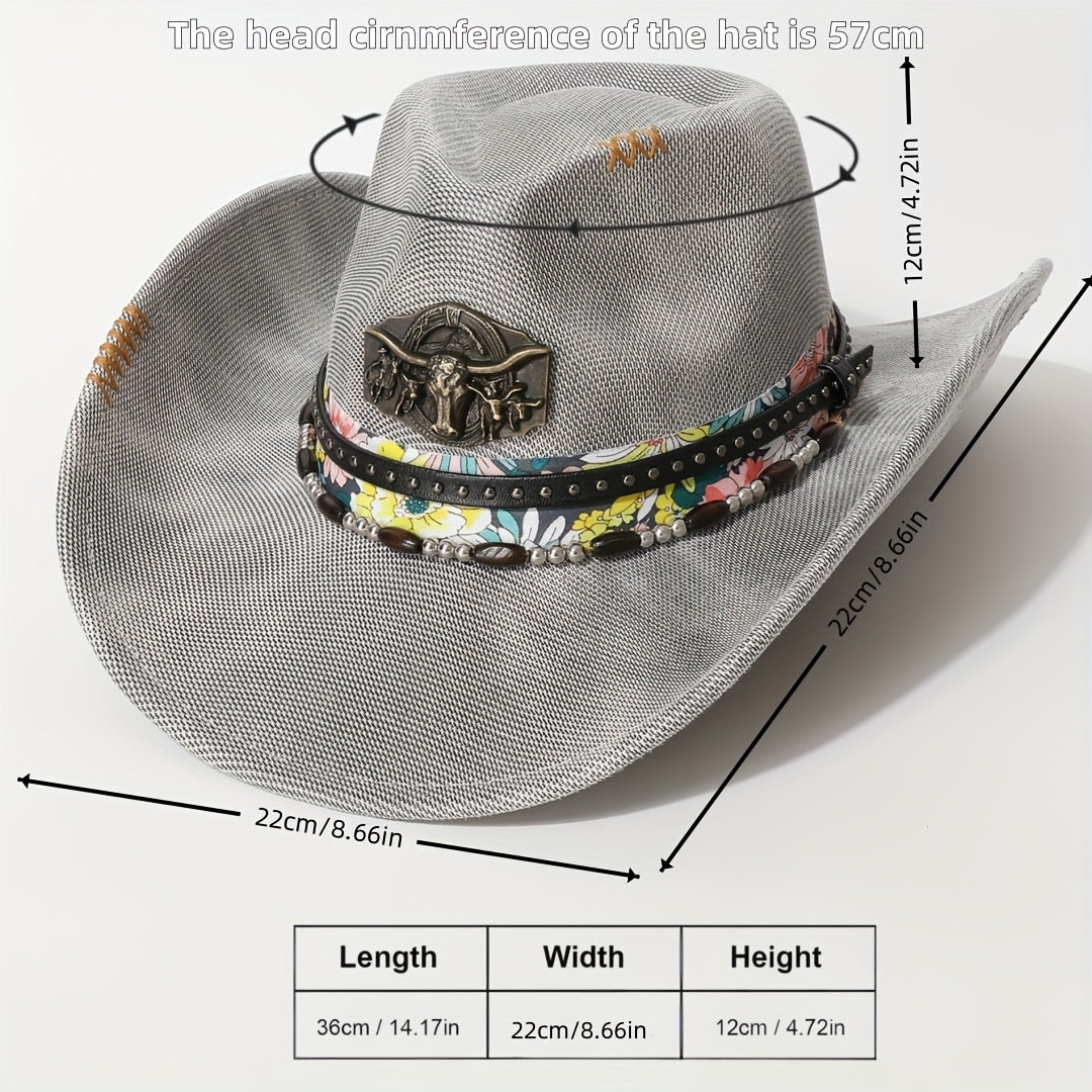 Men'S Western Cowboy Hat - Black Wide Brim with Blue & White Floral Embroidery, Copper Bull Head Metal Belt Buckle, Lightweight Fitted Design for Outdoor, Parties, Performances - All-Season Versatile Cowboy Hat, Cowboy Hat