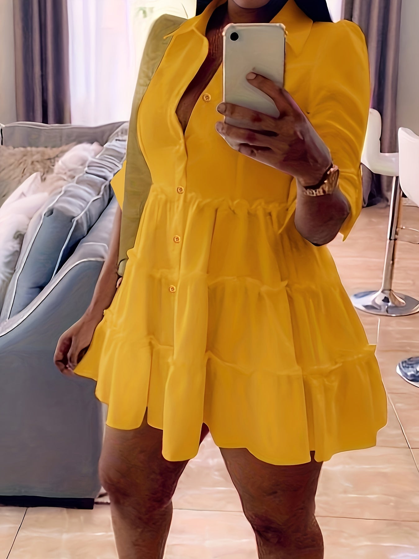 Single Elegant Half Sleeve Ruffle Trim Solid Color Shirt Dress for Spring & Summer, Women's Clothing