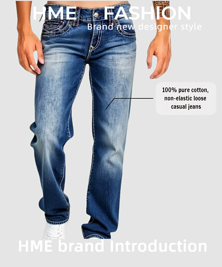 HME Men's Classic Blue Jeans - Mid-Rise Loose Straight-Leg Non-Stretch Pants, Machine Washable Vintage Washed Look with Flip-Over Back Pockets - Everyday Casual Jeans for Year-Round Wear