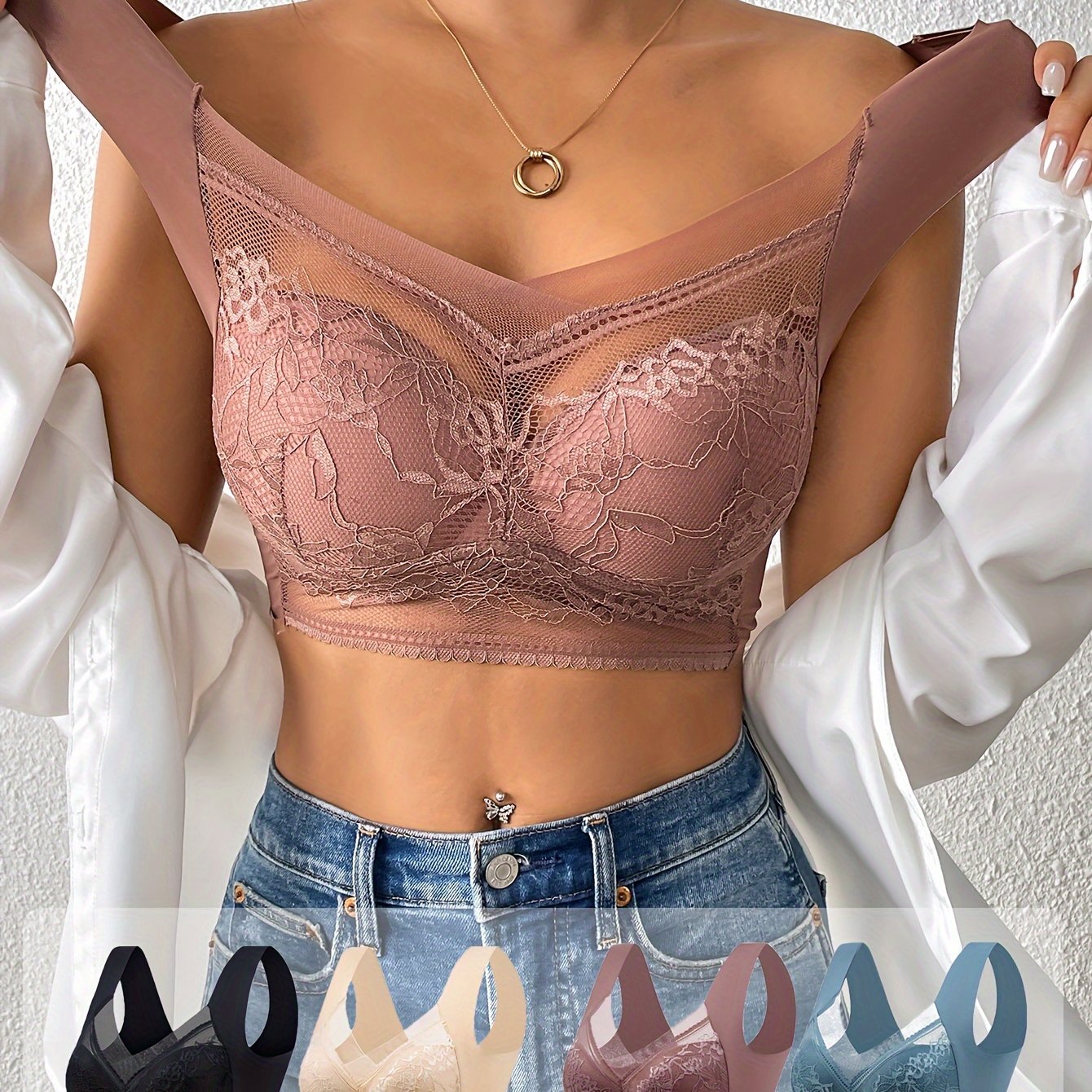 4pcs of mixed color Women's lace contrast underwear, daily bra, no steel ring underwear and bra