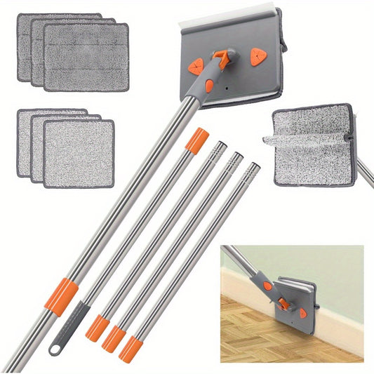 Baseboard Cleaner Tool with Long Handle, Duster Cleaning Tools Mop with 6 Reusable Cleaning Pads by No-Bending Baseboard Molding Tool, Microfiber Ceiling Wall Window Cleaner