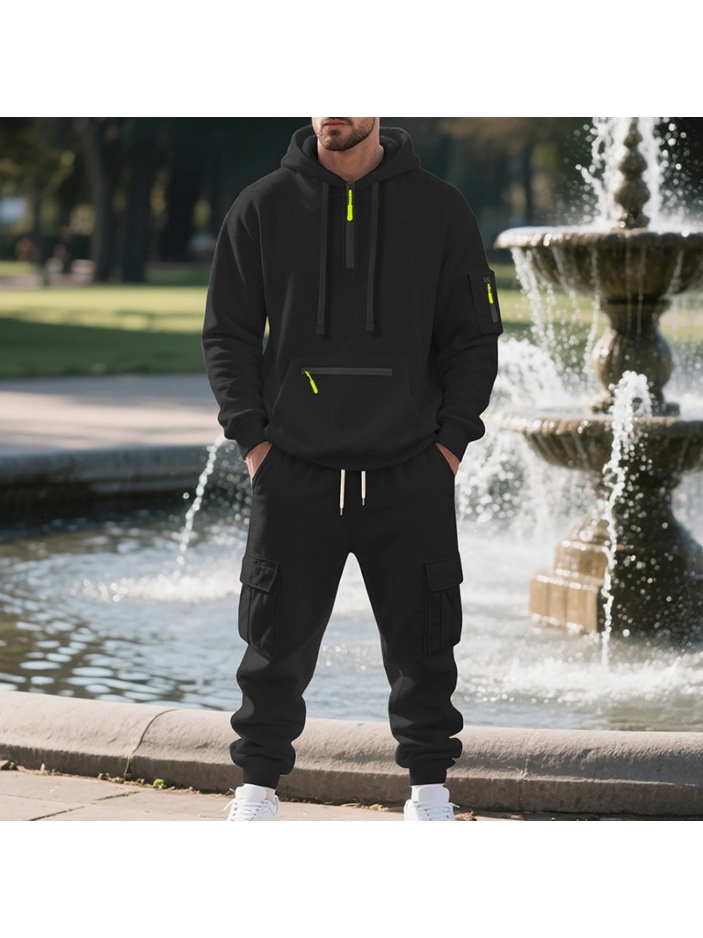 1 Set 2pcs Men's Athletic Casual Tracksuit - Fleece Lined Hooded Long Sleeve Pullover Sweatshirt & Pocketed Sports Pants, Warm Fleece Lining with Breathable Fabric, Perfect for Daily Wear, Outdoor Activities, Home Leisure - M