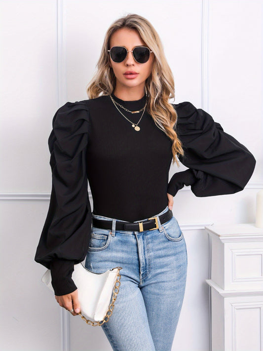 Women's Elegant Black Puffed Sleeve Slim-Fit T-Shirt - Wrinkle-Resistant Ruffled Collar & Cuff Blouse, Short to Long Sleeve Converter (No-Sew), Machine Washable for Office, Casual & Formal Wear - Spring/utumn Layering Essenti