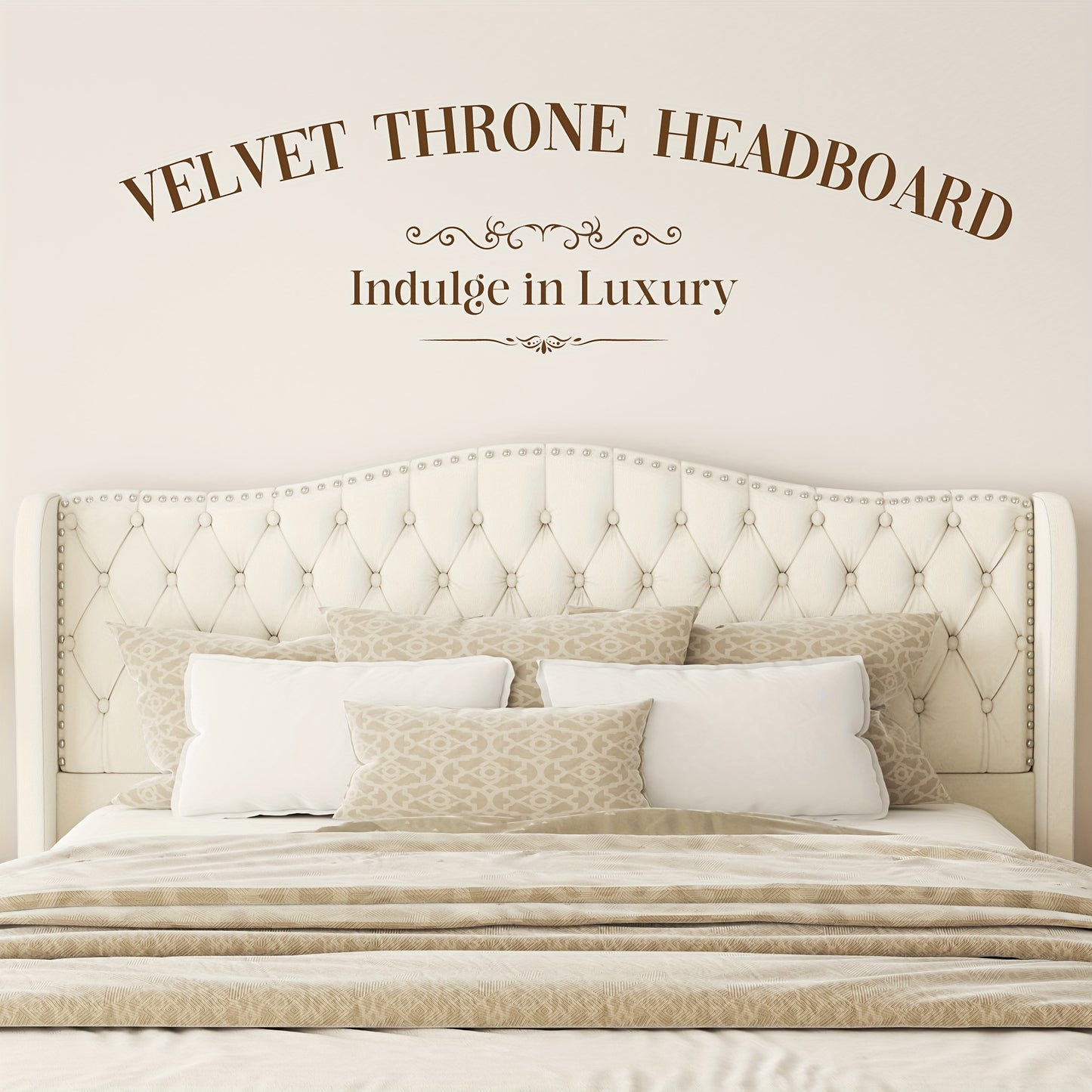 Queen Size Platform Bed Frame with 51-inch Tall Camelback Headboard & Wingback, Gorgeous Studded Trim, Mattress Foundation, No Box Spring Needed, Cream